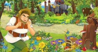 yaşlı adam çiftçi veya avcı ormanda iki kale karşılaşan ile karikatür sahne - çocuklar için illüstrasyon