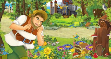 yaşlı adam çiftçi veya avcı ormanda iki kale karşılaşan ile karikatür sahne - çocuklar için illüstrasyon