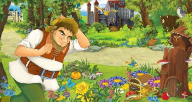 yaşlı adam çiftçi veya avcı ormanda iki kale karşılaşan ile karikatür sahne - çocuklar için illüstrasyon