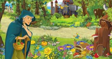 ormanda uçan baykuş çifti karşılaşan mutlu yaşlı kadın cadı büyücü ile karikatür sahnesi - çocuklar için illüstrasyon