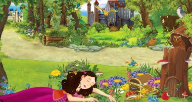 ormanda bazı kaleler yakınında ormanda genç kız prenses ile karikatür sahnesi - çocuklar için illüstrasyon