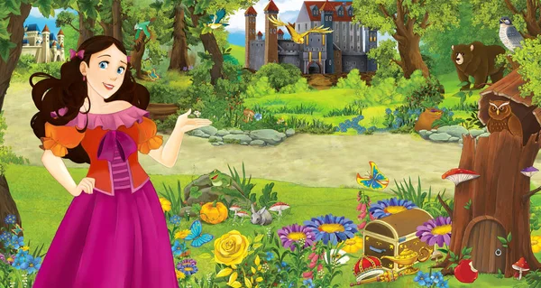 Tecknad scen med ung flicka prinsessa i skogen nära några slott i skogen-illustration för barn — Stockfoto