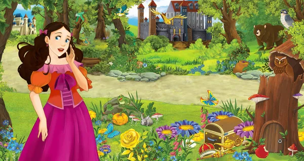 Cartoon scène met jong meisje prinses in het bos in de buurt van sommige kastelen in het bos-illustratie voor kinderen — Stockfoto