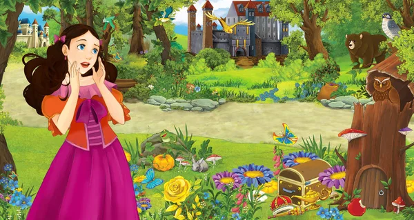 Ormanda bazı kaleler yakınında ormanda genç kız prenses ile karikatür sahnesi - çocuklar için illüstrasyon — Stok fotoğraf