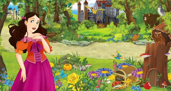 ormanda bazı kaleler yakınında ormanda genç kız prenses ile karikatür sahnesi - çocuklar için illüstrasyon