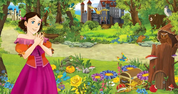 Cartoon scene with young girl princess in the forest near some castles in the forest - illustration for children — Stock Photo, Image