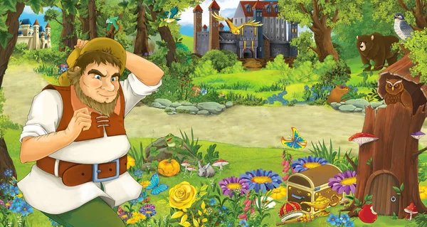 Scène de dessin animé avec un homme plus âgé agriculteur ou chasseur dans la forêt à la rencontre de deux châteaux illustration pour les enfants — Photo
