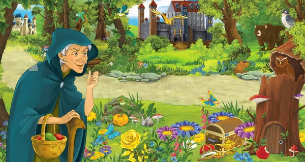Cena dos desenhos animados com bruxa velha feliz feiticeira na floresta encontrando par de corujas voando - ilustração para crianças — Fotografia de Stock