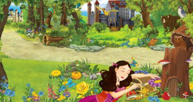 ormanda bazı kaleler yakınında ormanda genç kız prenses ile karikatür sahnesi - çocuklar için illüstrasyon