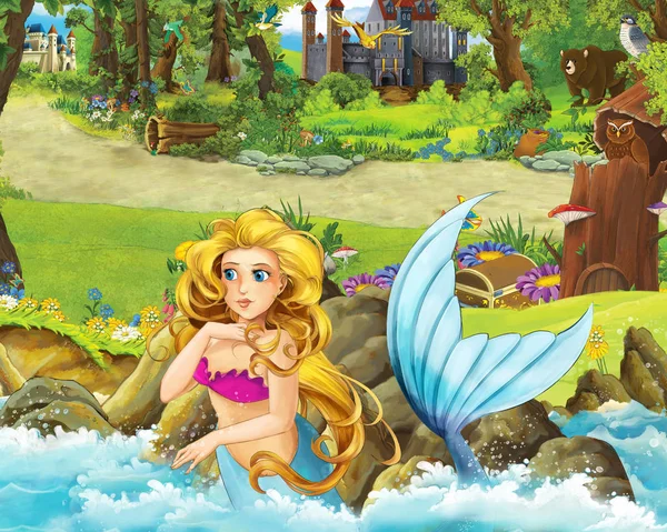 Escena de dibujos animados con la joven princesa sirena en el bosque nadando cerca de algunos castillos en el bosque - ilustración para los niños — Foto de Stock