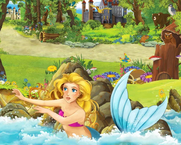 卡通场景与年轻的美人鱼女孩公主在森林中游泳附近的一些城堡在森林 - 插图为儿童 — 图库照片