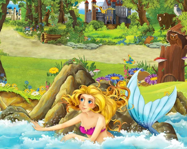 Kreslená scéna s mladou princeznou z mořské panny v lese plaveckým poblíž některých hradů v lese-ilustrace pro děti — Stock fotografie