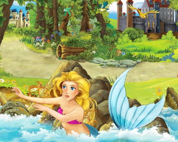 卡通场景与年轻的美人鱼女孩公主在森林中游泳附近的一些城堡在森林 - 插图为儿童 — 图库照片