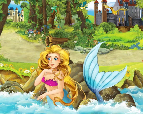 Cartoon scène met jonge zeemeermin meisje prinses in het bos zwemmen in de buurt van enkele kastelen in het bos-illustratie voor kinderen — Stockfoto