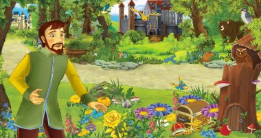 bazı kaleler yakınındaki ormanda mutlu genç prens veya kral ile karikatür sahnesi - çocuklar için illüstrasyon