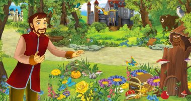 bazı kaleler yakınındaki ormanda mutlu genç prens veya kral ile karikatür sahnesi - çocuklar için illüstrasyon