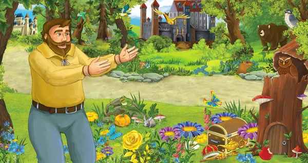 cartoon scene with older man farmer or hunter in the forest encountering two castles - illustration for children