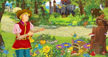 bazı kaleler yakınındaki ormanda mutlu genç prens veya kral ile karikatür sahnesi - çocuklar için illüstrasyon