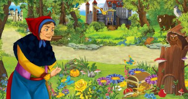 ormanda uçan baykuş çifti karşılaşan mutlu yaşlı kadın cadı büyücü ile karikatür sahnesi - çocuklar için illüstrasyon