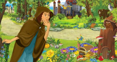 ormanda uçan baykuş çifti karşılaşan mutlu yaşlı kadın cadı büyücü ile karikatür sahnesi - çocuklar için illüstrasyon