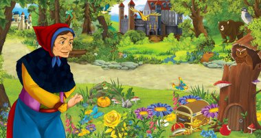 ormanda uçan baykuş çifti karşılaşan mutlu yaşlı kadın cadı büyücü ile karikatür sahnesi - çocuklar için illüstrasyon