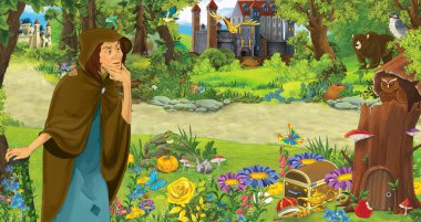 ormanda uçan baykuş çifti karşılaşan mutlu yaşlı kadın cadı büyücü ile karikatür sahnesi - çocuklar için illüstrasyon