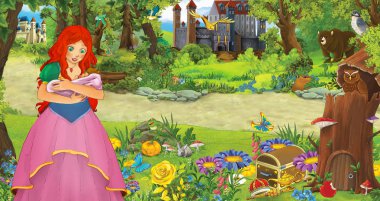 ormanda bazı kaleler yakınında ormanda genç kız prenses ile karikatür sahnesi - çocuklar için illüstrasyon