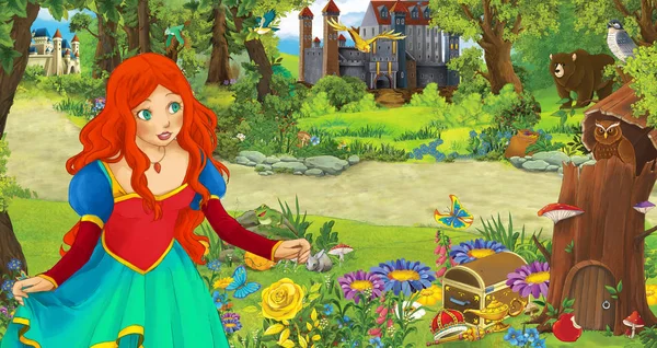 Cartoon scene with young girl princess in the forest near some castles in the forest - illustration for children — Stock Photo, Image
