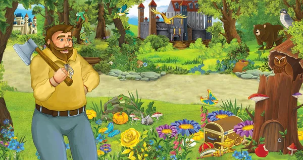 cartoon scene with older man farmer or hunter in the forest encountering two castles - illustration for children