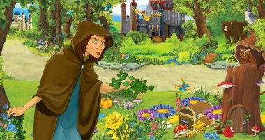 ormanda uçan baykuş çifti karşılaşan mutlu yaşlı kadın cadı büyücü ile karikatür sahnesi - çocuklar için illüstrasyon