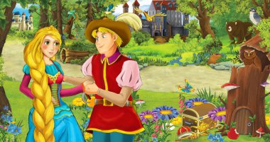 mutlu genç kız ve erkek prens ve prenses ile karikatür sahne bazı kaleler yakın ormanda - çocuklar için illüstrasyon