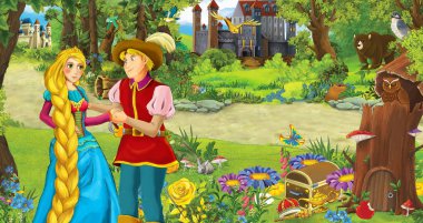 mutlu genç kız ve erkek prens ve prenses ile karikatür sahne bazı kaleler yakın ormanda - çocuklar için illüstrasyon