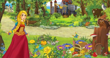 ormanda bazı kaleler yakınında ormanda genç kız prenses ile karikatür sahnesi - çocuklar için illüstrasyon