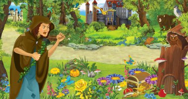 ormanda uçan baykuş çifti karşılaşan mutlu yaşlı kadın cadı büyücü ile karikatür sahnesi - çocuklar için illüstrasyon