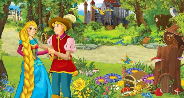 Καρτούν σκηνή με ευτυχισμένο νεαρό κορίτσι και το αγόρι πρίγκιπας και την πριγκίπισσα στο δάσος κοντά σε μερικά κάστρα-απεικόνιση για τα παιδιά — Φωτογραφία Αρχείου