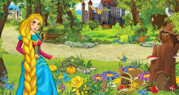 Cartoon scene with young girl princess in the forest near some castles in the forest - illustration for children — Stock Photo, Image