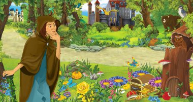 ormanda uçan baykuş çifti karşılaşan mutlu yaşlı kadın cadı büyücü ile karikatür sahnesi - çocuklar için illüstrasyon