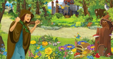 ormanda uçan baykuş çifti karşılaşan mutlu yaşlı kadın cadı büyücü ile karikatür sahnesi - çocuklar için illüstrasyon