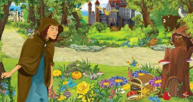 ormanda uçan baykuş çifti karşılaşan mutlu yaşlı kadın cadı büyücü ile karikatür sahnesi - çocuklar için illüstrasyon