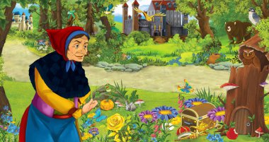 ormanda uçan baykuş çifti karşılaşan mutlu yaşlı kadın cadı büyücü ile karikatür sahnesi - çocuklar için illüstrasyon