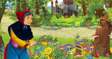 ormanda uçan baykuş çifti karşılaşan mutlu yaşlı kadın cadı büyücü ile karikatür sahnesi - çocuklar için illüstrasyon