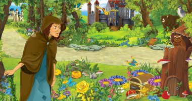 ormanda uçan baykuş çifti karşılaşan mutlu yaşlı kadın cadı büyücü ile karikatür sahnesi - çocuklar için illüstrasyon