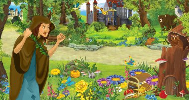 ormanda uçan baykuş çifti karşılaşan mutlu yaşlı kadın cadı büyücü ile karikatür sahnesi - çocuklar için illüstrasyon