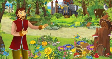 bazı kaleler yakınındaki ormanda mutlu genç prens veya kral ile karikatür sahnesi - çocuklar için illüstrasyon