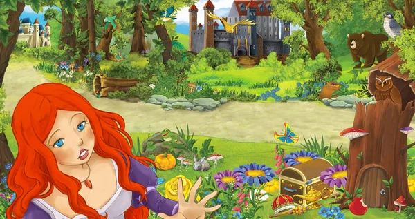 Escena de dibujos animados con la joven princesa en el bosque cerca de algunos castillos en el bosque - ilustración para los niños —  Fotos de Stock