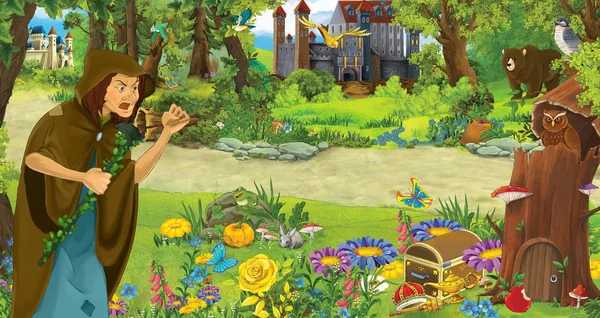フクロウのペアが飛んで森の中で幸せな老婆魔女魔法使いと漫画シーン - 子供のためのイラスト — ストック写真