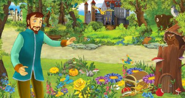 bazı kaleler yakınındaki ormanda mutlu genç prens veya kral ile karikatür sahnesi - çocuklar için illüstrasyon