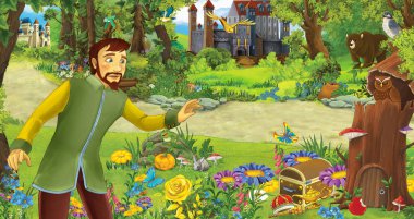 bazı kaleler yakınındaki ormanda mutlu genç prens veya kral ile karikatür sahnesi - çocuklar için illüstrasyon