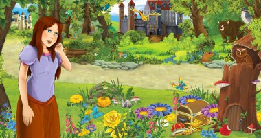 ormanda bazı kaleler yakınında ormanda genç kız ile karikatür sahne - çocuklar için illüstrasyon