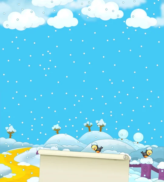 Мультяшна зимова сцена природи з птахами на паркані з простором для тексту - ілюстрація для дітей — стокове фото